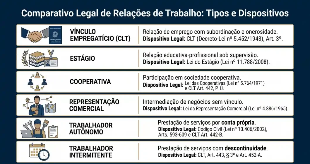 Infográfico comparativo legal de relações de trabalho no Brasil com tipos e dispositivos: vínculo empregatício CLT, estágio, cooperativa, representação comercial, trabalhador autônomo e trabalhador intermitente.