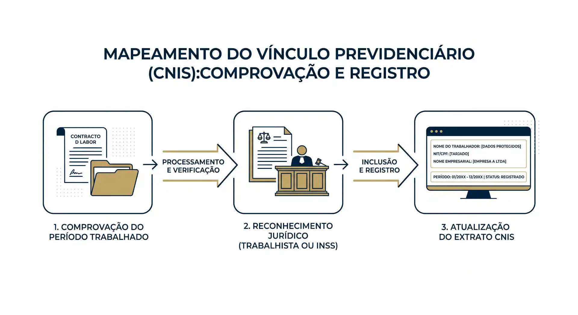 Infográfico com o título “Mapeamento do vínculo previdenciário (CNIS): comprovação e registro”, mostrando três etapas: comprovação do período trabalhado, reconhecimento jurídico (trabalhador ou INSS) e atualização do extrato CNIS, com ícones de documentos, prédio e monitor.