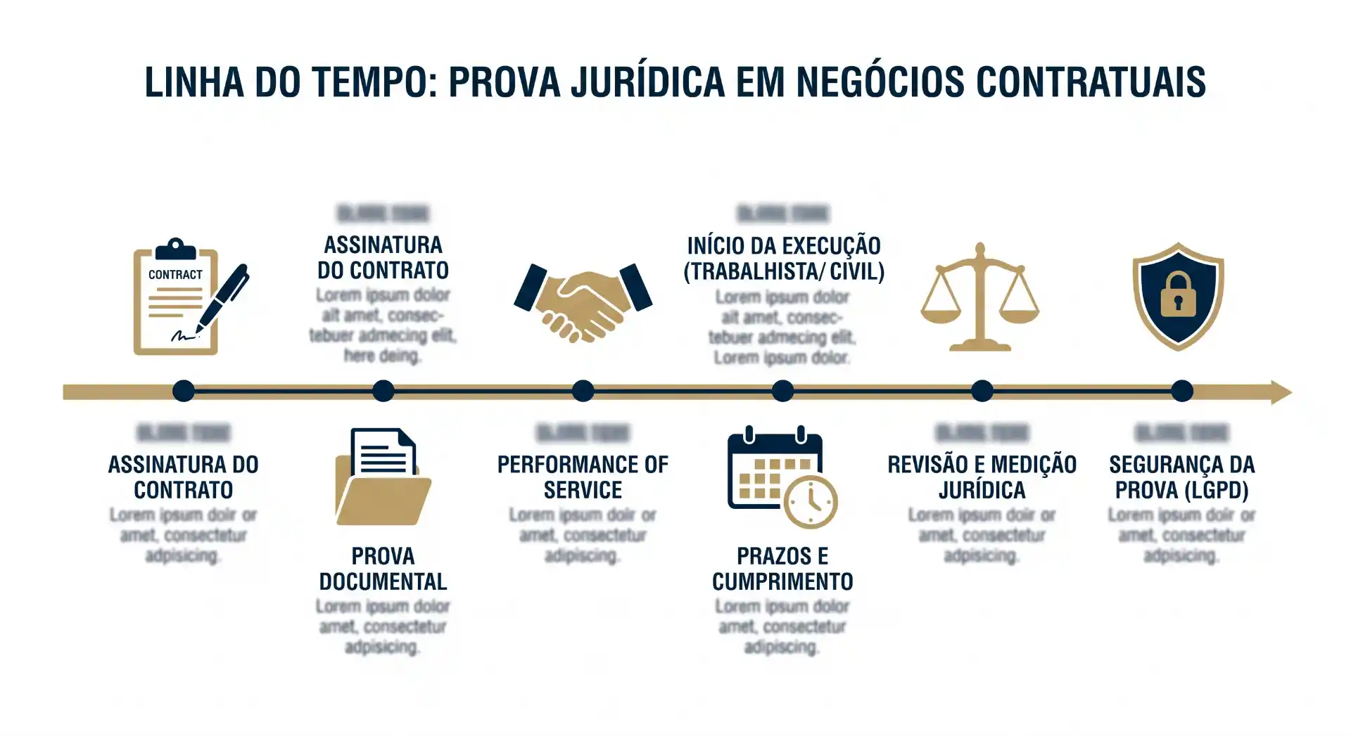 Infográfico sobre provas jurídicas em negócios contratuais com etapas do processo, incluindo assinatura do contrato, execução trabalhista/civil, prazos e cumprimento, revisão e medição jurídica e segurança da prova (LGPD).