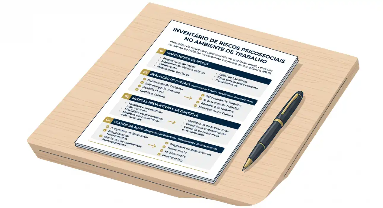 Cartaz impresso em uma prancheta de madeira com o texto “INVENTÁRIO DE RISCOS PSICOSSOCIAIS” e seções sobre mapeamento, avaliação de fatores, medidas preventivas e plano de ação.