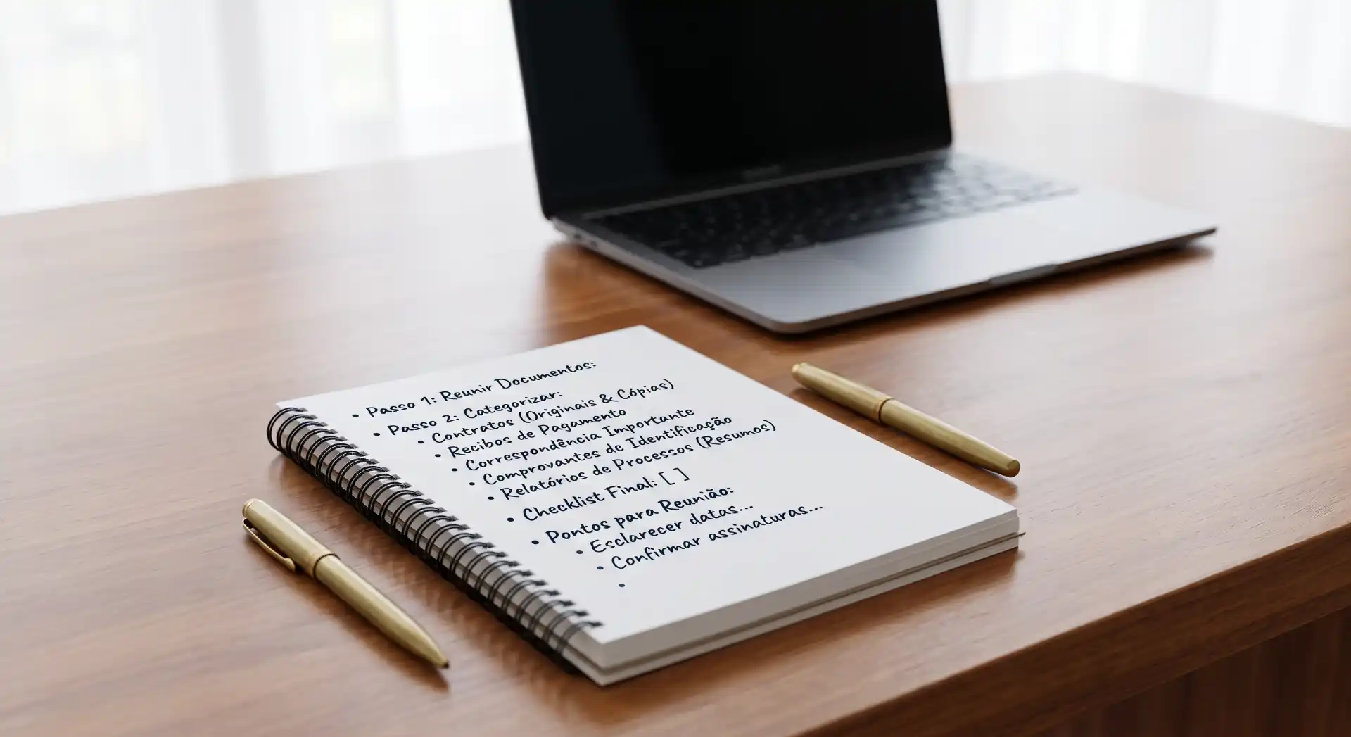 Notebook aberto sobre uma mesa de madeira com anotações manuscritas, caneta dourada ao lado e notebook de laptop ao fundo em um ambiente de trabalho.