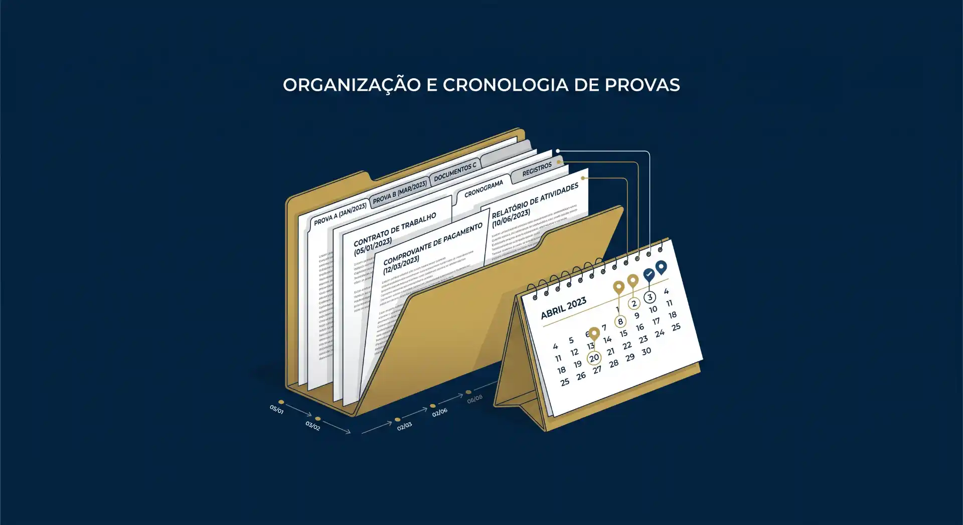 Ilustração com documentos e calendário em um fichário com o título “ORGANIZAÇÃO E CRONOLOGIA DE PROVAS”, mostrando prazos e datas para provas e atividades.