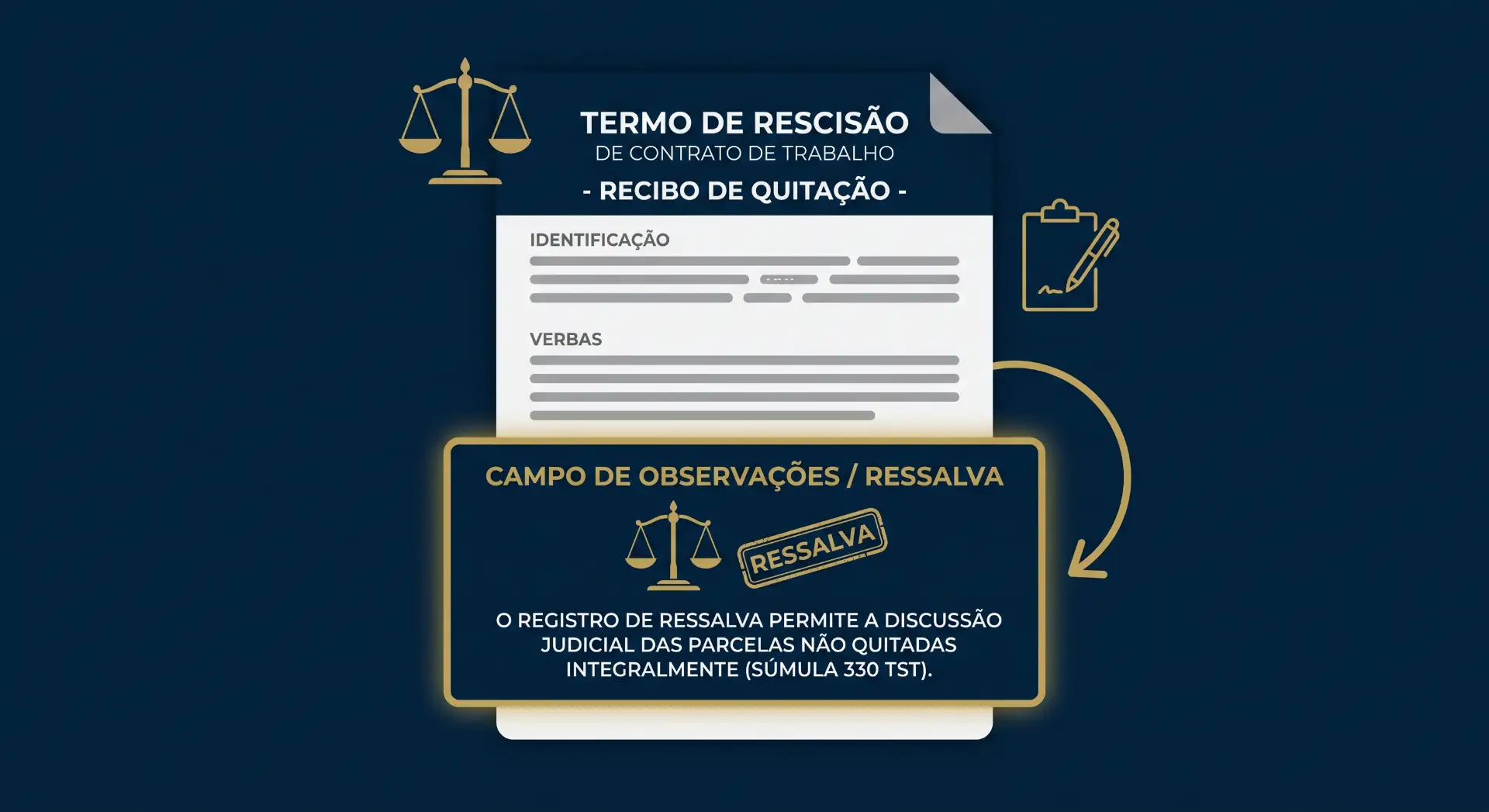 Ilustração de um termo de rescisão e recibo de quitação com campo de observações e ressalva, com ícones de balança e contrato, em fundo azul