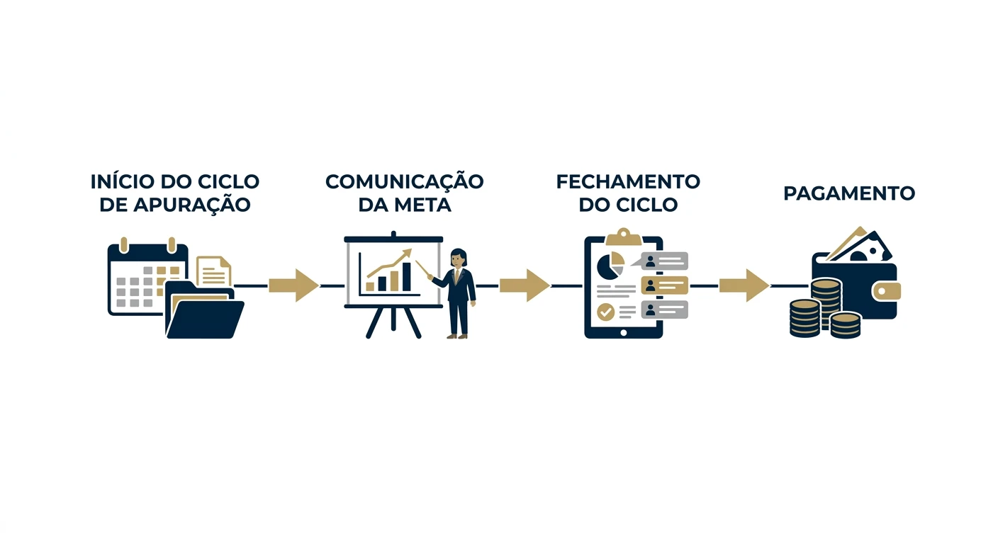 Ilustração em etapas do ciclo de contratação: início do ciclo de apuração, comunicação da meta, fechamento do ciclo e pagamento, com ícones de documentos, gráficos e moedas.