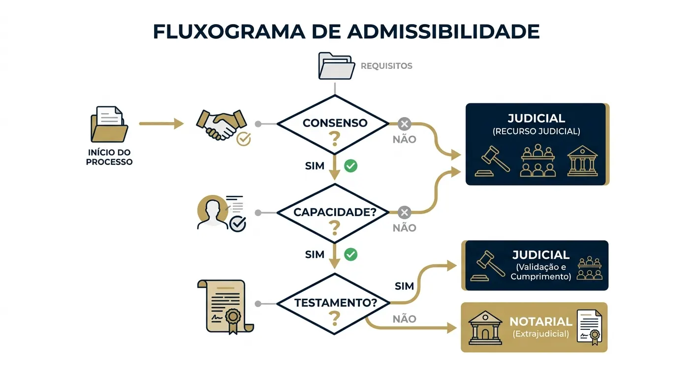 Fluxograma de admissibilidade com etapas e decisões do processo: requisitos, consenso, capacidade e testamento, com encaminhamento para via judicial ou notarial.