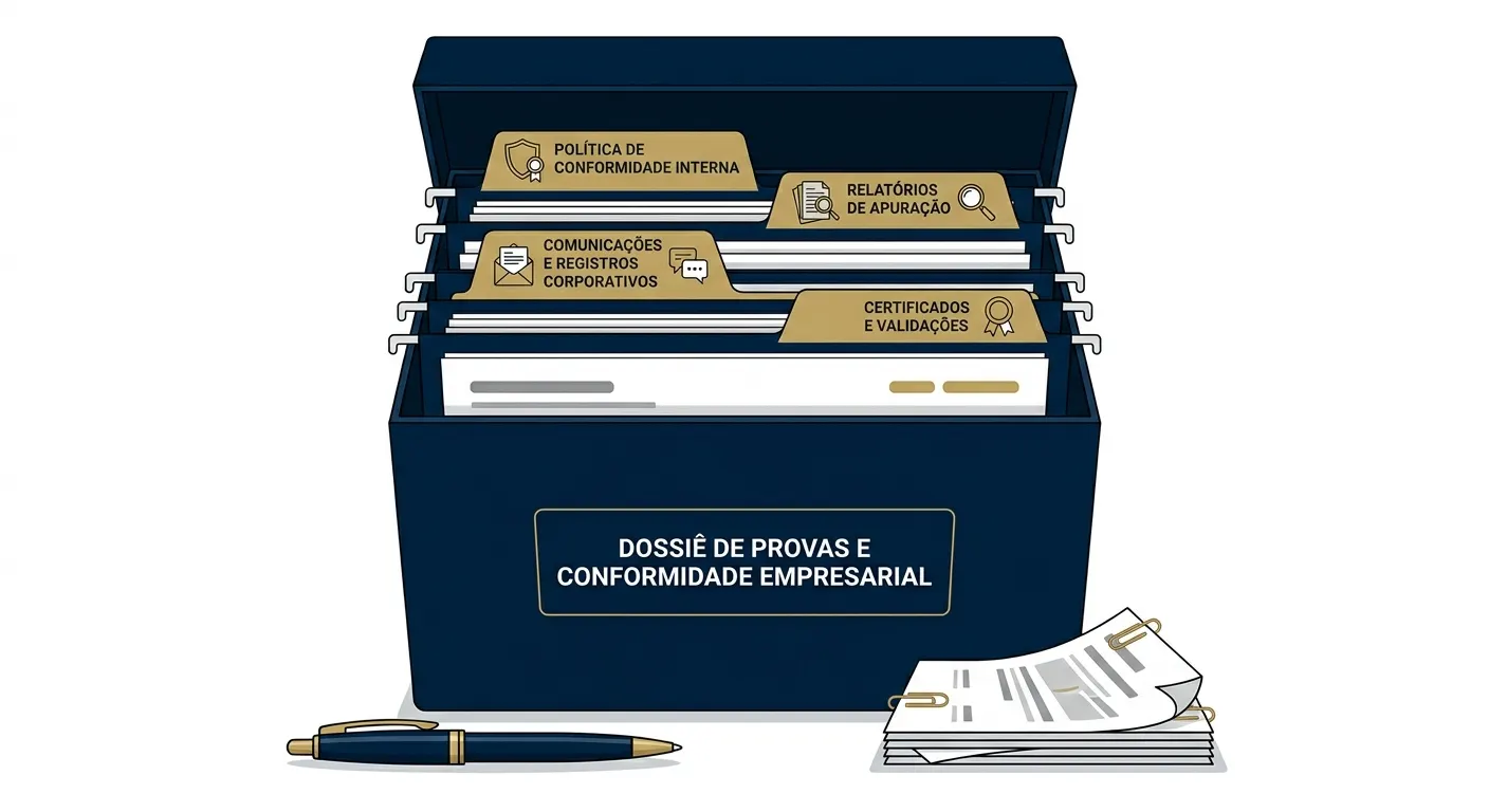 Ilustração de uma pasta azul com etiquetas e informações sobre conformidade empresarial, incluindo dossiê de provas e verificação de documentos, além de papelaria e caneta sobre a mesa.