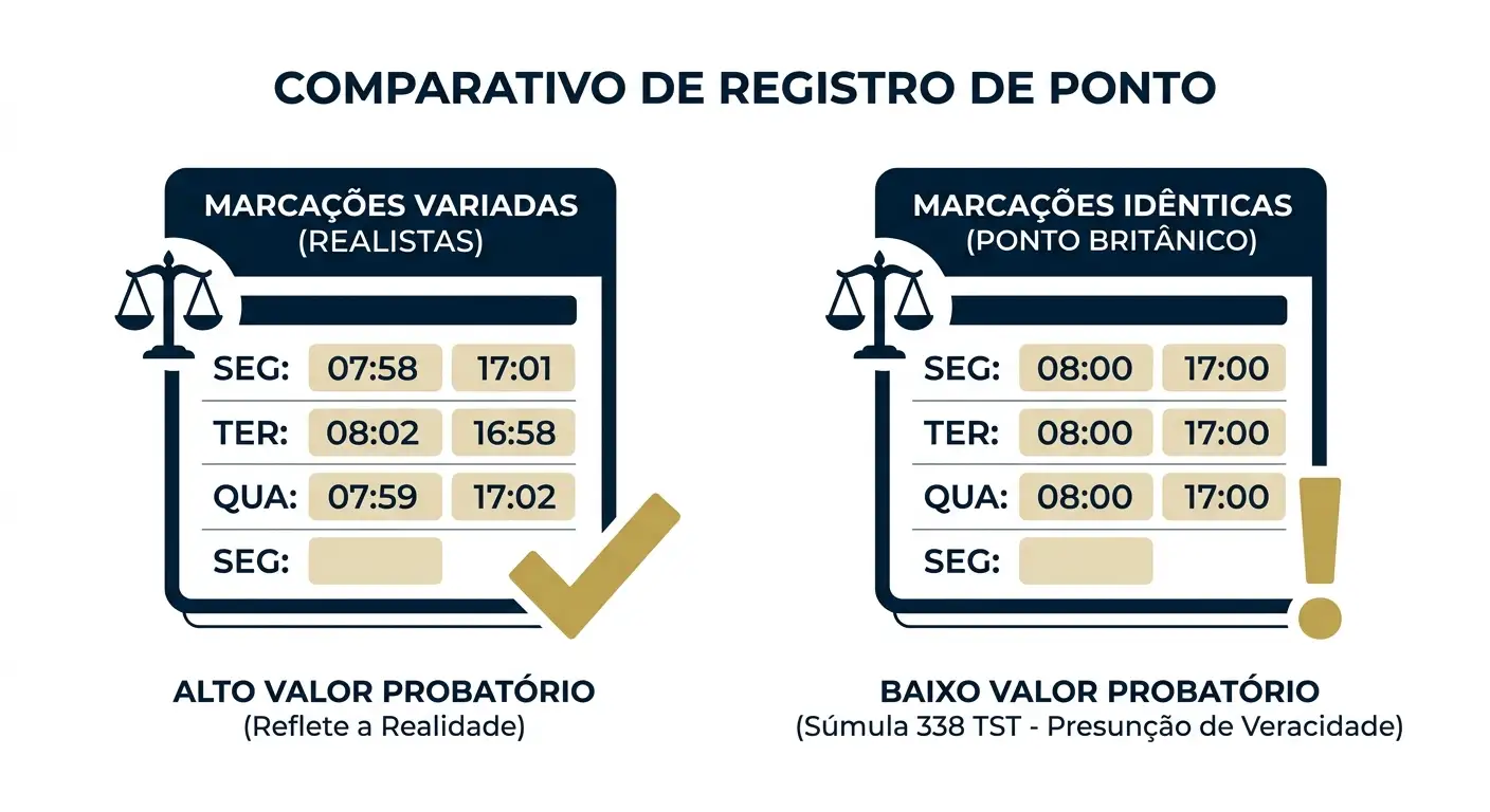 Infográfico comparativo de registro de ponto: à esquerda marcações variadas realistas com alto valor probatório (reflete a realidade) e à direita marcações idênticas com ponto britânico e baixo valor probatório (súmula 338 TST e presunção de veracidade).