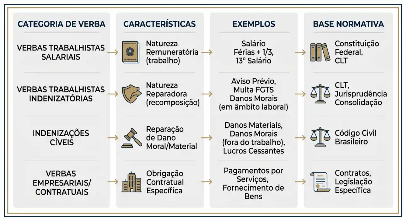 Infográfico jurídico em português com categorias de verbas trabalhistas e indenizações: natureza remuneratória e reparadora, exemplos como salário, aviso prévio e danos morais, e base normativa CLT e Código Civil.