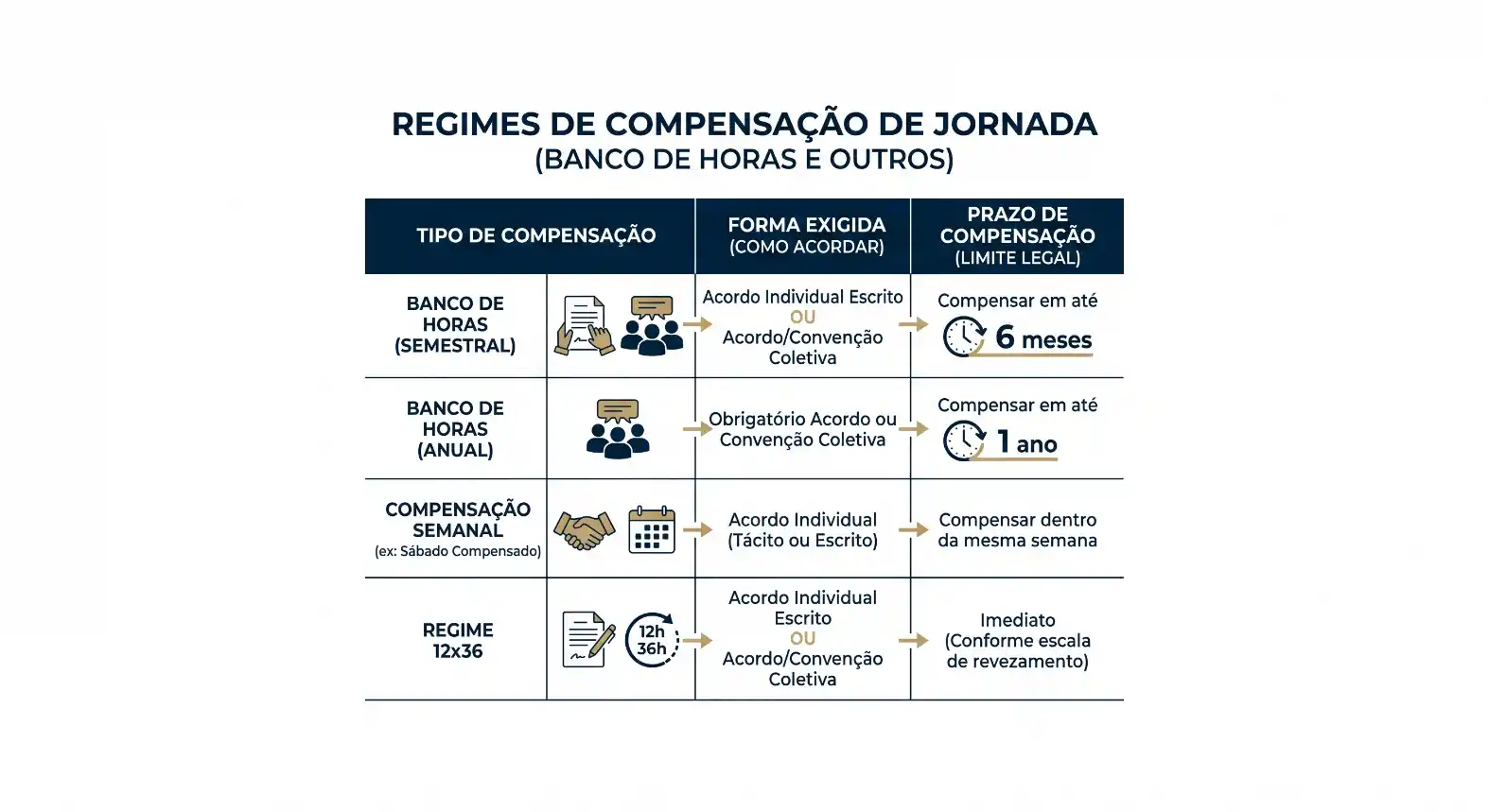 Infográfico com o título “REGIMES DE COMPENSAÇÃO DE JORNADA (BANCO DE HORAS E OUTROS)”, comparando banco de horas semestral, anual, compensação semanal e regime 12x36 com prazo de compensação e forma exigida.