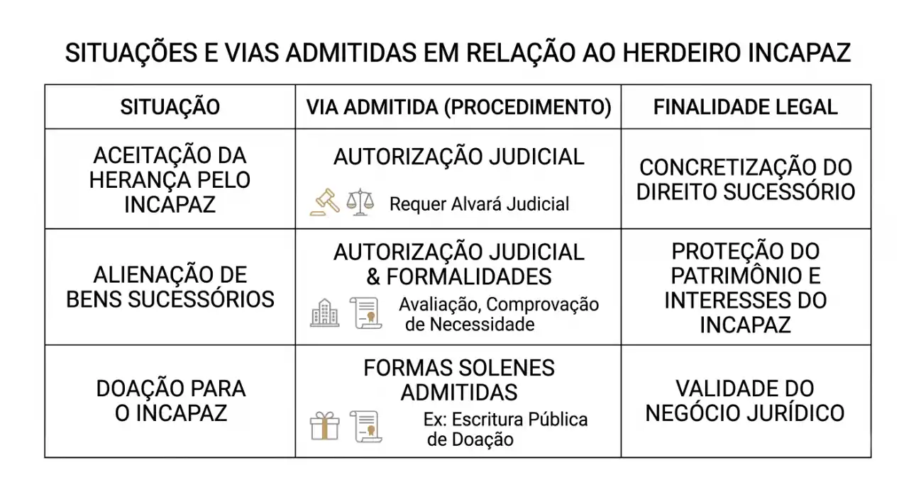 Tabela informativa com as situações e vias admitidas em relação ao herdeiro incapaz, trazendo procedimentos como autorização judicial, alienação de bens sucessórios e doação para o incapaz, com suas finalidades legais.